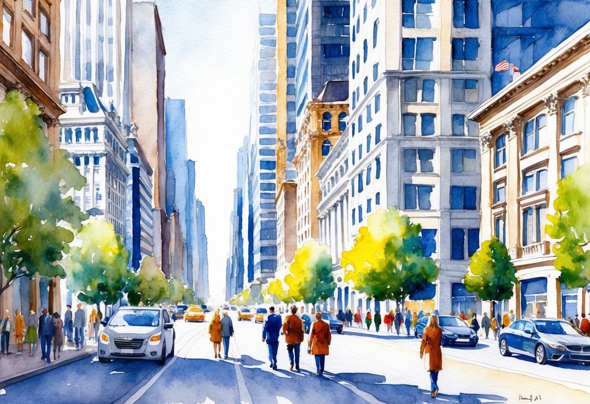 A bustling city street with tall buildings and a mix of modern and historic architecture, with people walking and cars passing by
