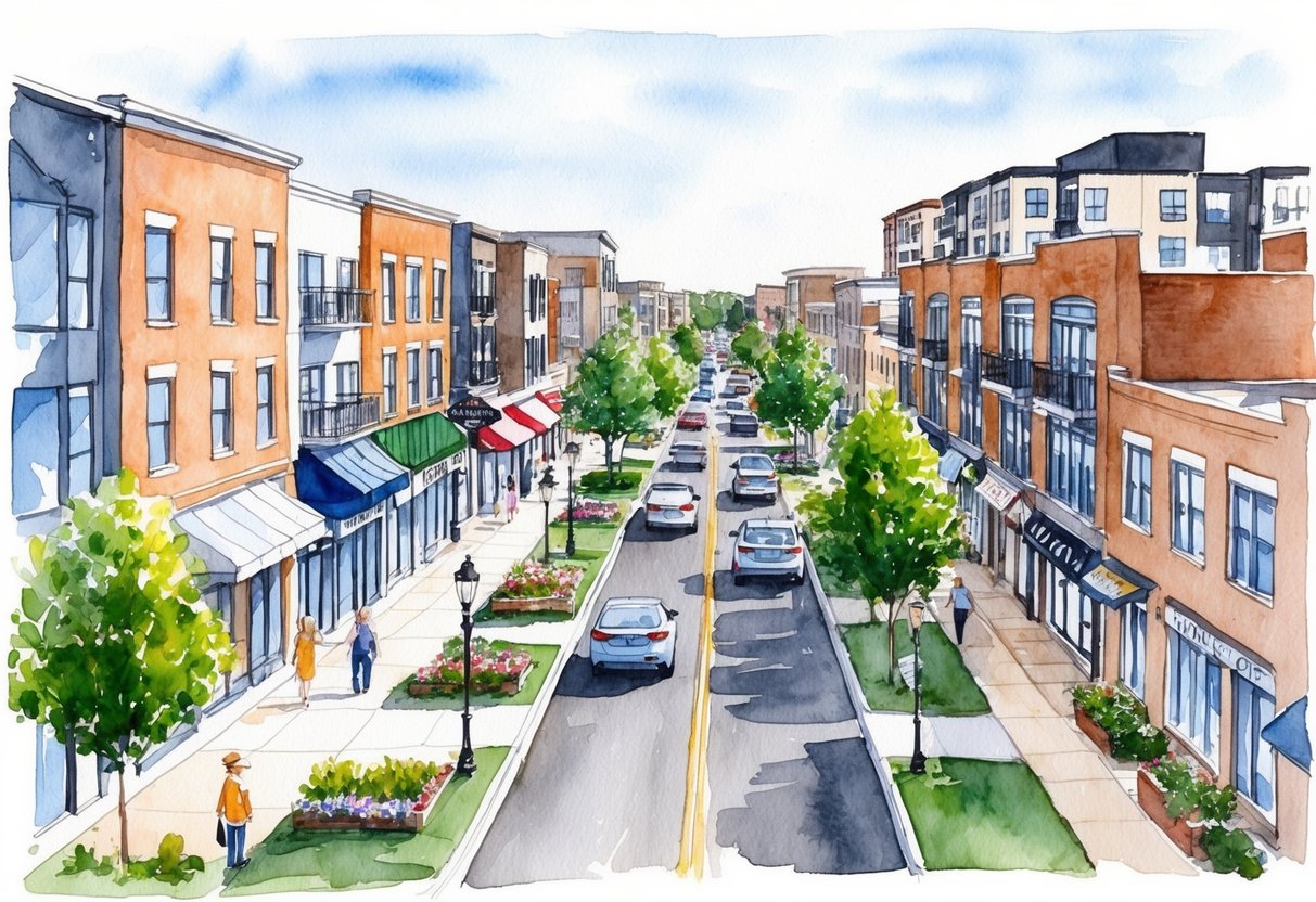 A bustling street lined with shops, cafes, and parks, surrounded by modern apartment buildings and suburban homes in Rockville, MD
