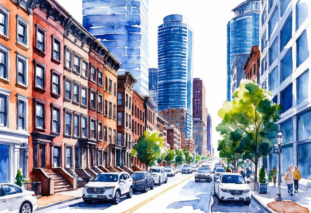 A bustling city street in Boston, with a mix of historic brownstone buildings and modern skyscrapers, showcasing the diverse real estate investment opportunities in the area