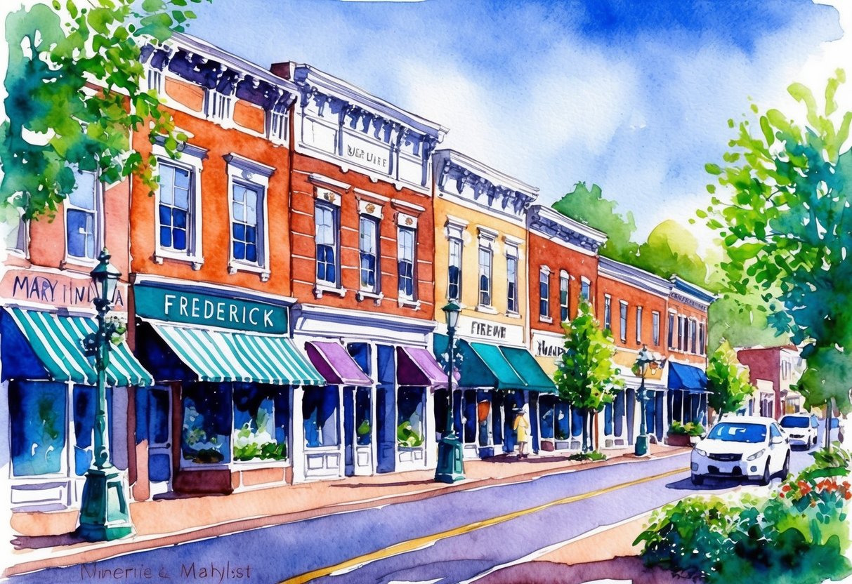 A bustling downtown street in Frederick, Maryland with historic buildings and vibrant storefronts, surrounded by lush greenery and a clear blue sky