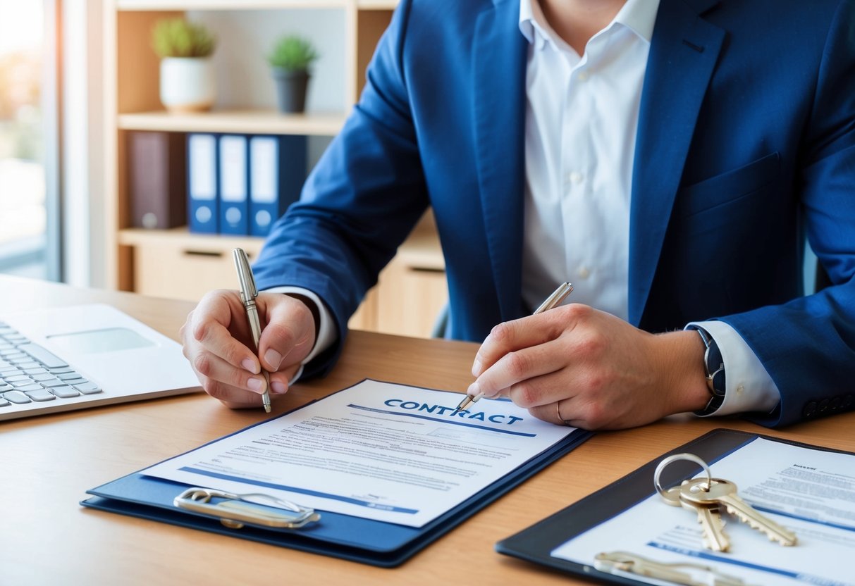 A person signing a contract in an office with a real estate agent, while holding keys to a new property