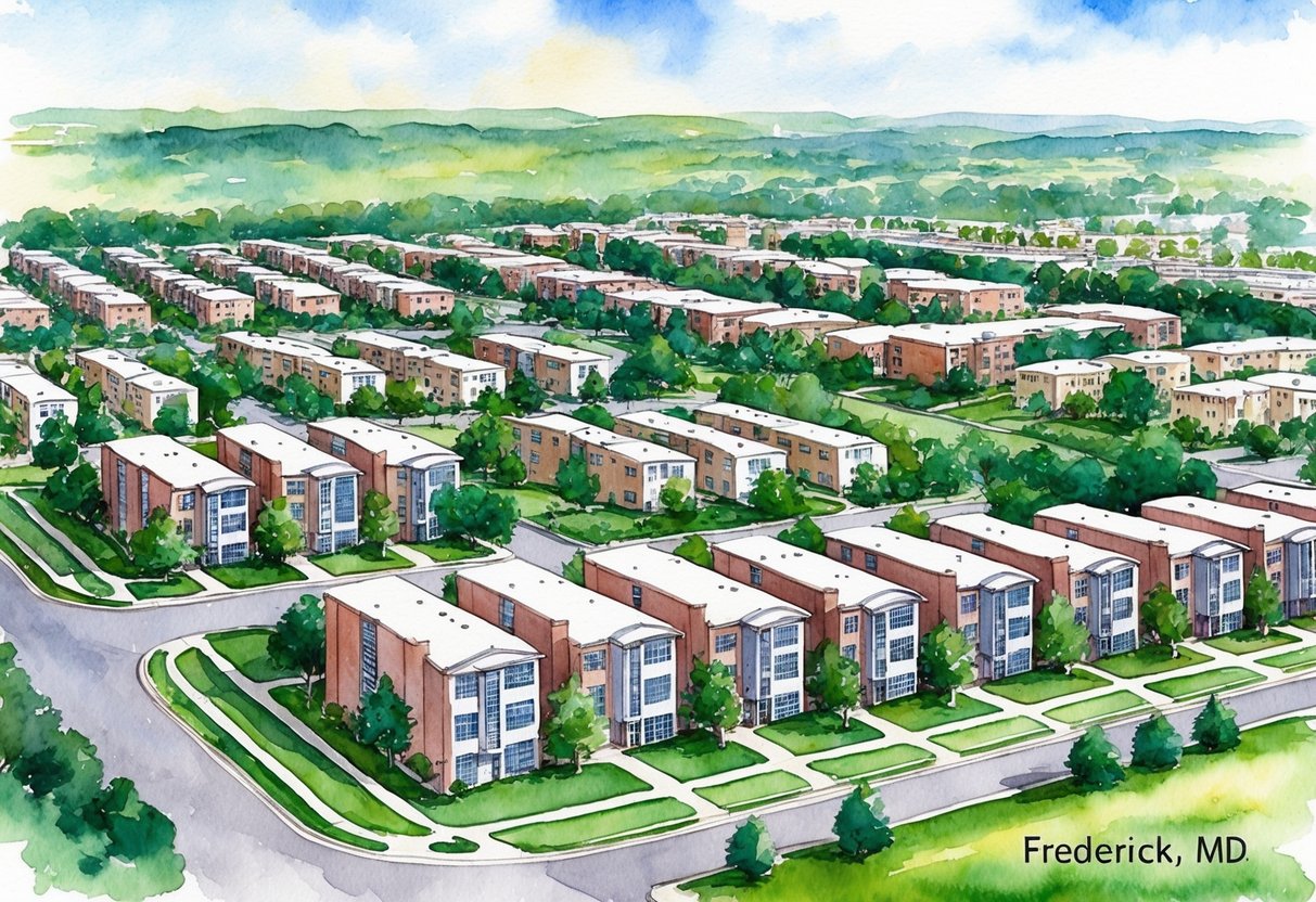 A sprawling suburban landscape in Frederick, MD, with rows of houses and apartment buildings, surrounded by lush greenery and well-maintained streets