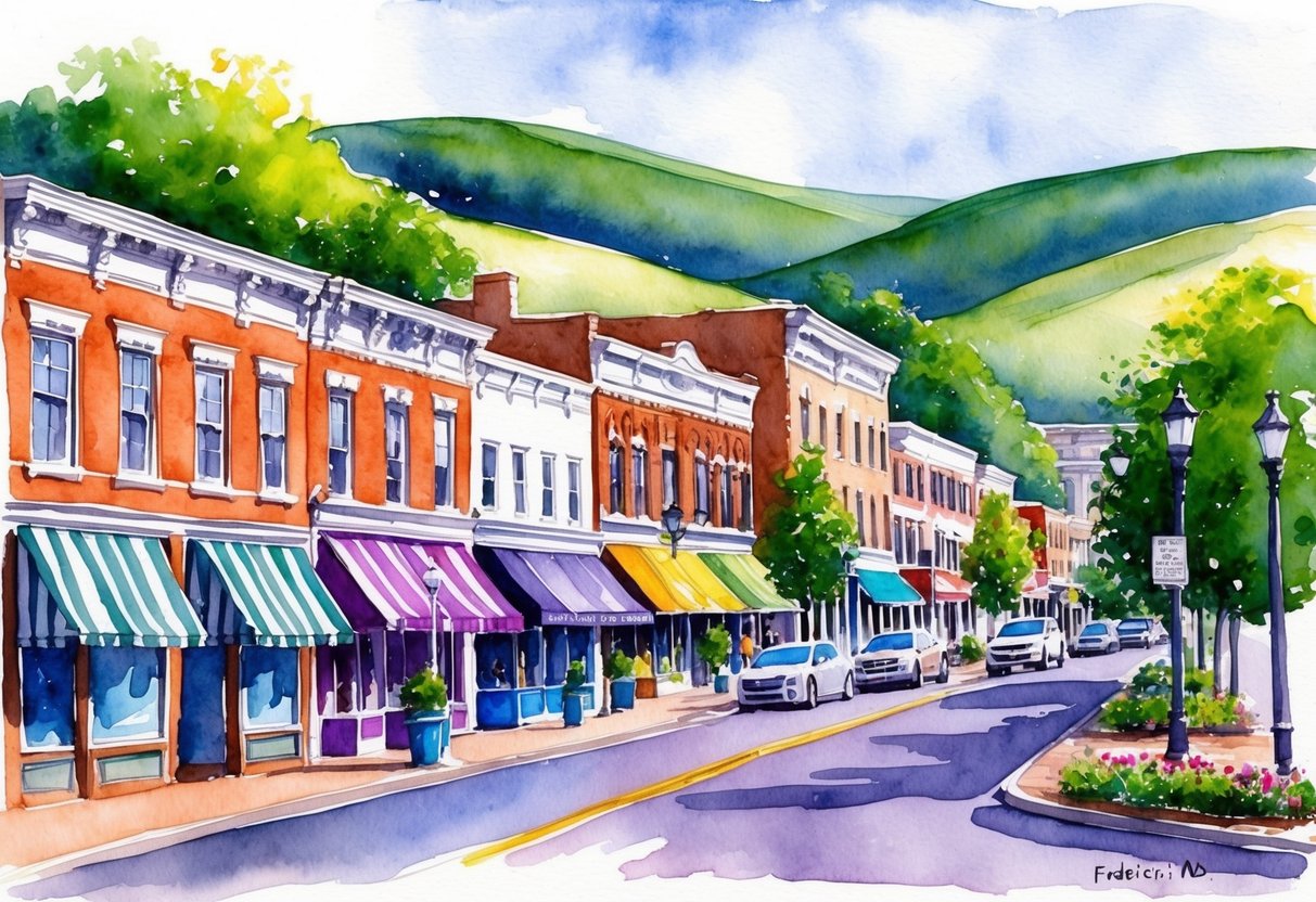 A bustling downtown street in Frederick, MD with historic buildings and vibrant storefronts, surrounded by rolling hills and lush greenery
