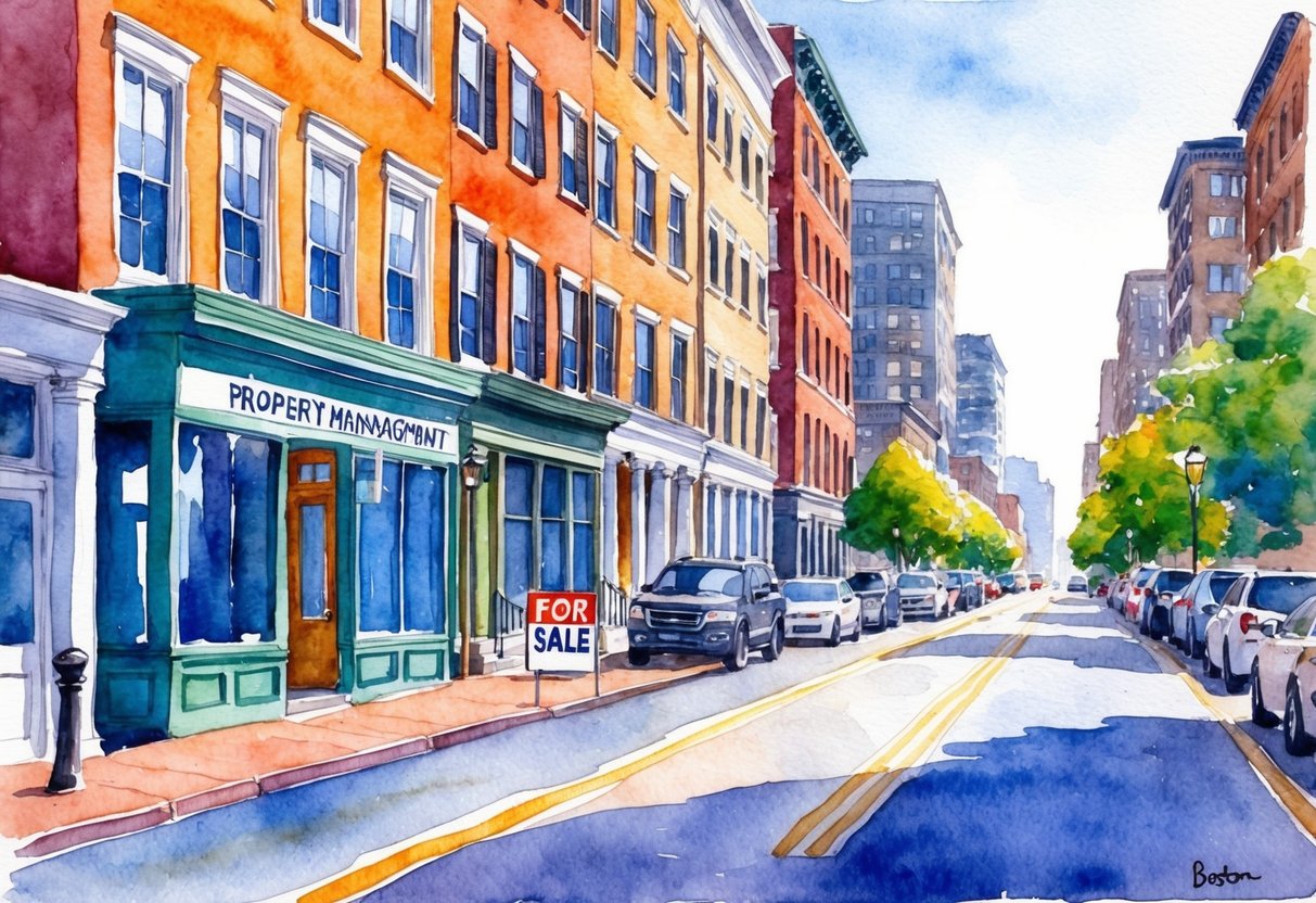 A bustling city street in Boston, with rows of well-maintained buildings and a property management office with a "For Sale" sign