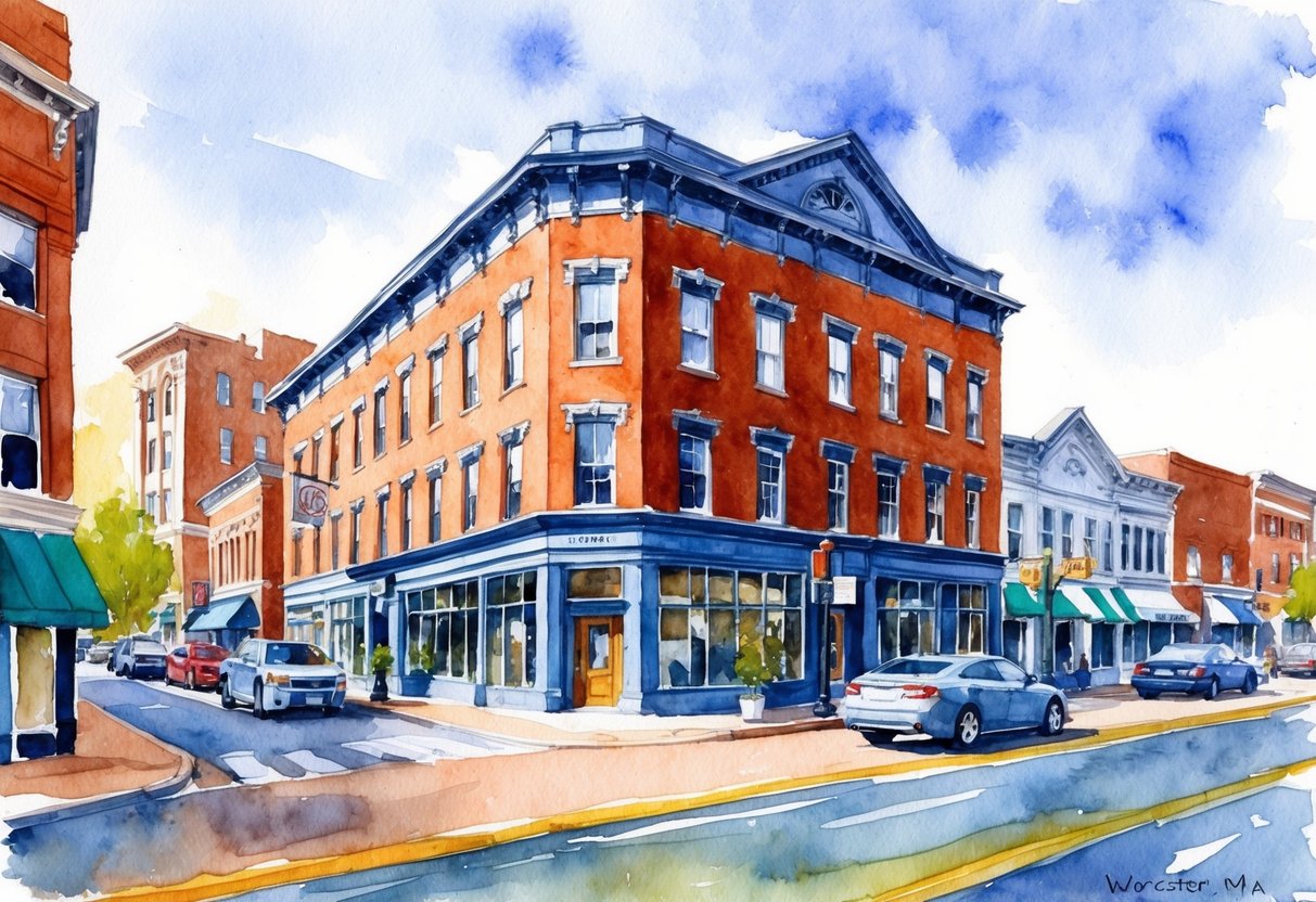 A historic brick building in downtown Worcester, MA, surrounded by bustling streets and other commercial properties