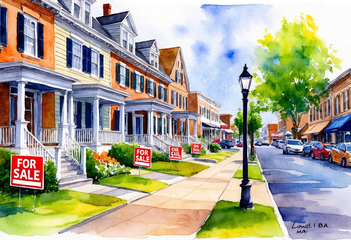 A row of historic homes in Lowell, MA, with "For Sale" signs. Nearby, a bustling downtown area with shops and restaurants