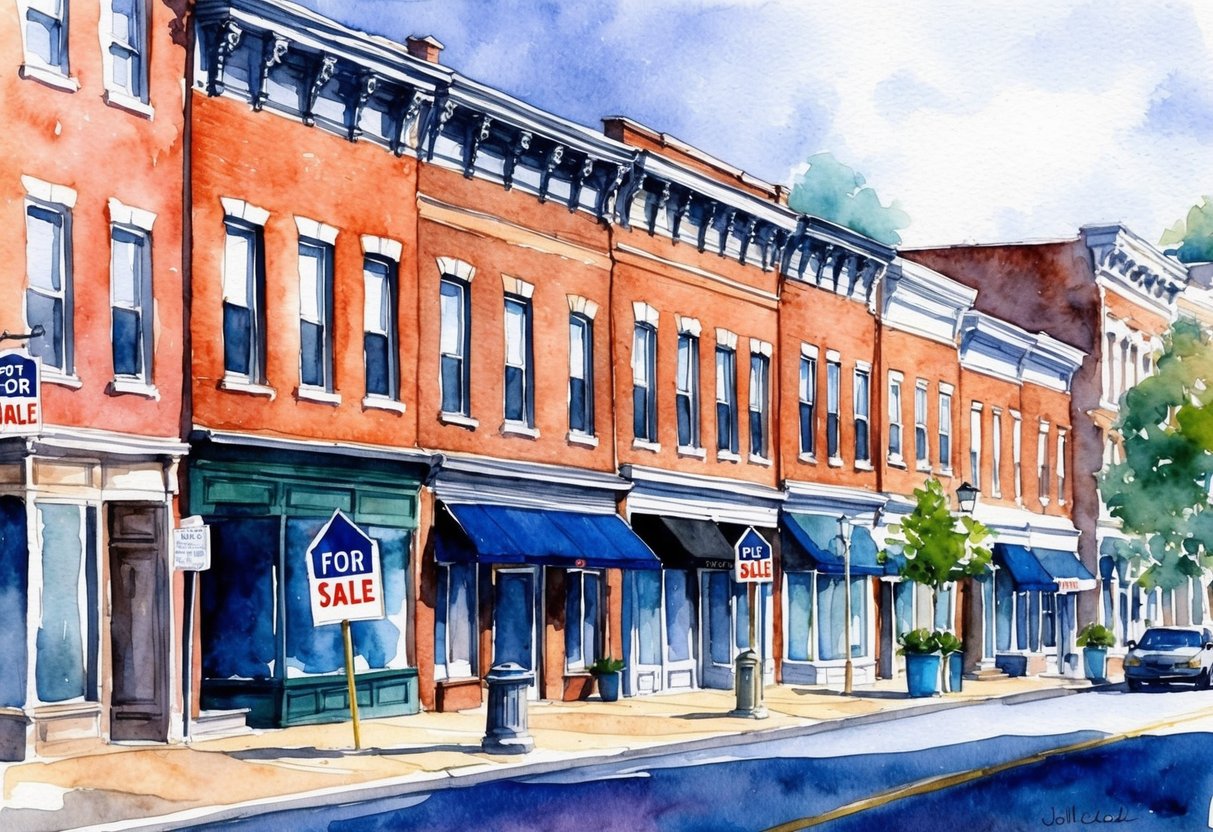 A row of historic brick buildings in downtown Lowell, MA, with "For Sale" signs in front, surrounded by bustling streets and a mix of old and new architecture