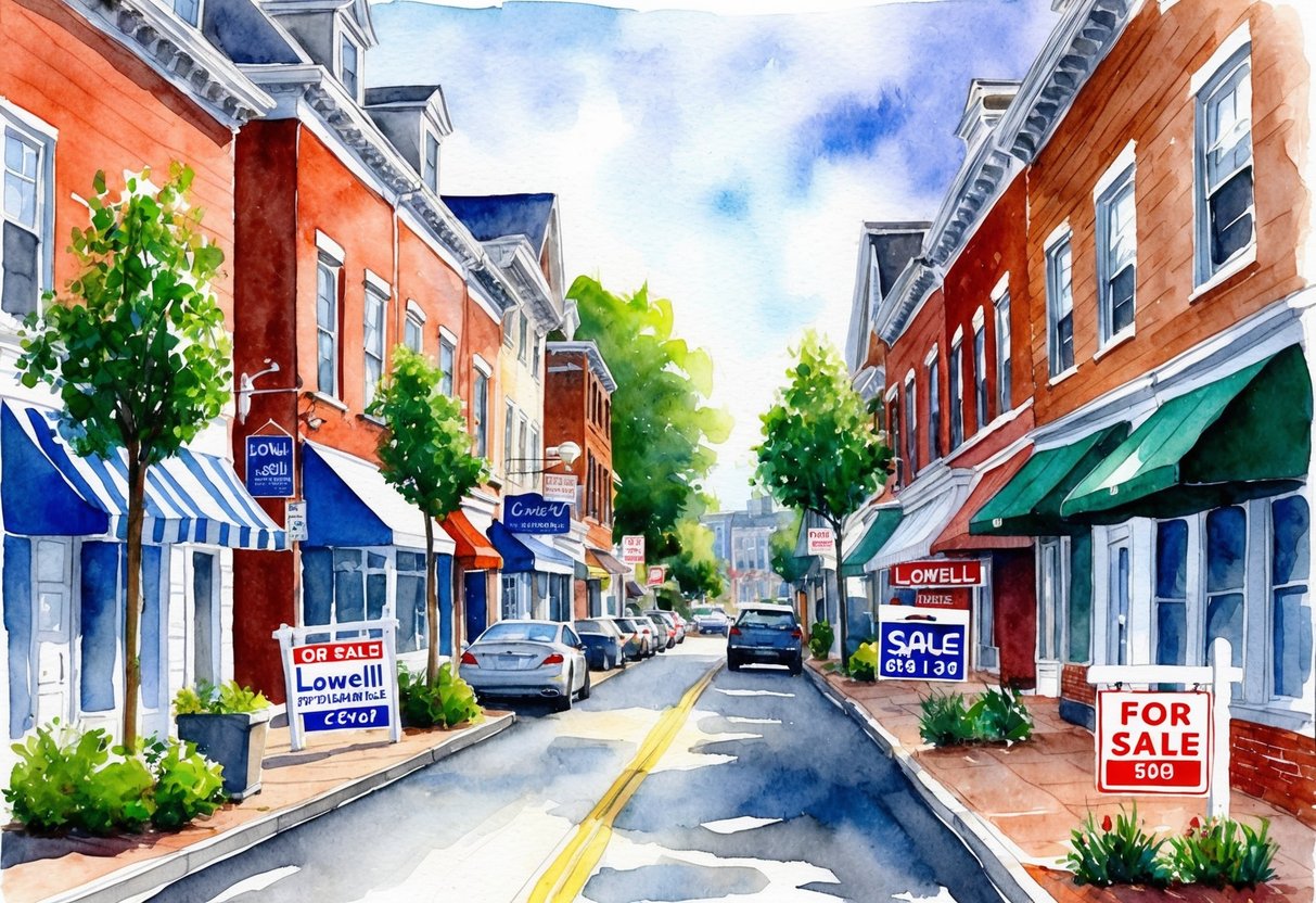 A bustling city street in Lowell, MA with various real estate properties and "For Sale" signs displayed