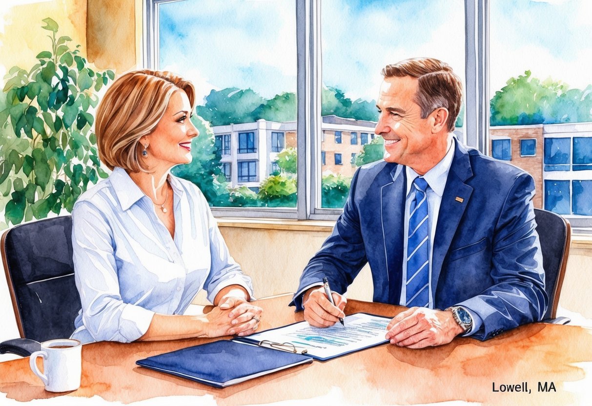 A real estate investor meeting with a professional in an office in Lowell, MA