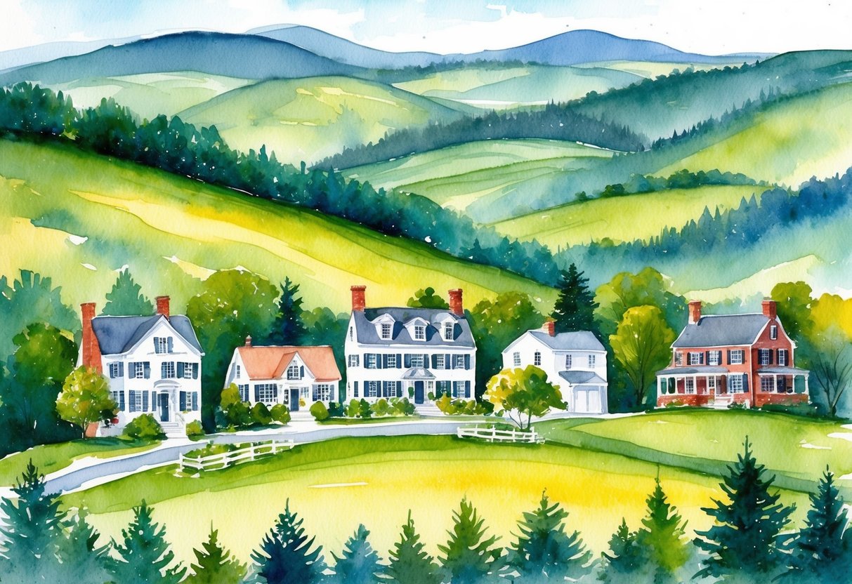 A picturesque landscape of rolling hills, charming colonial homes, and lush forests in the Berkshire Mountains of Massachusetts