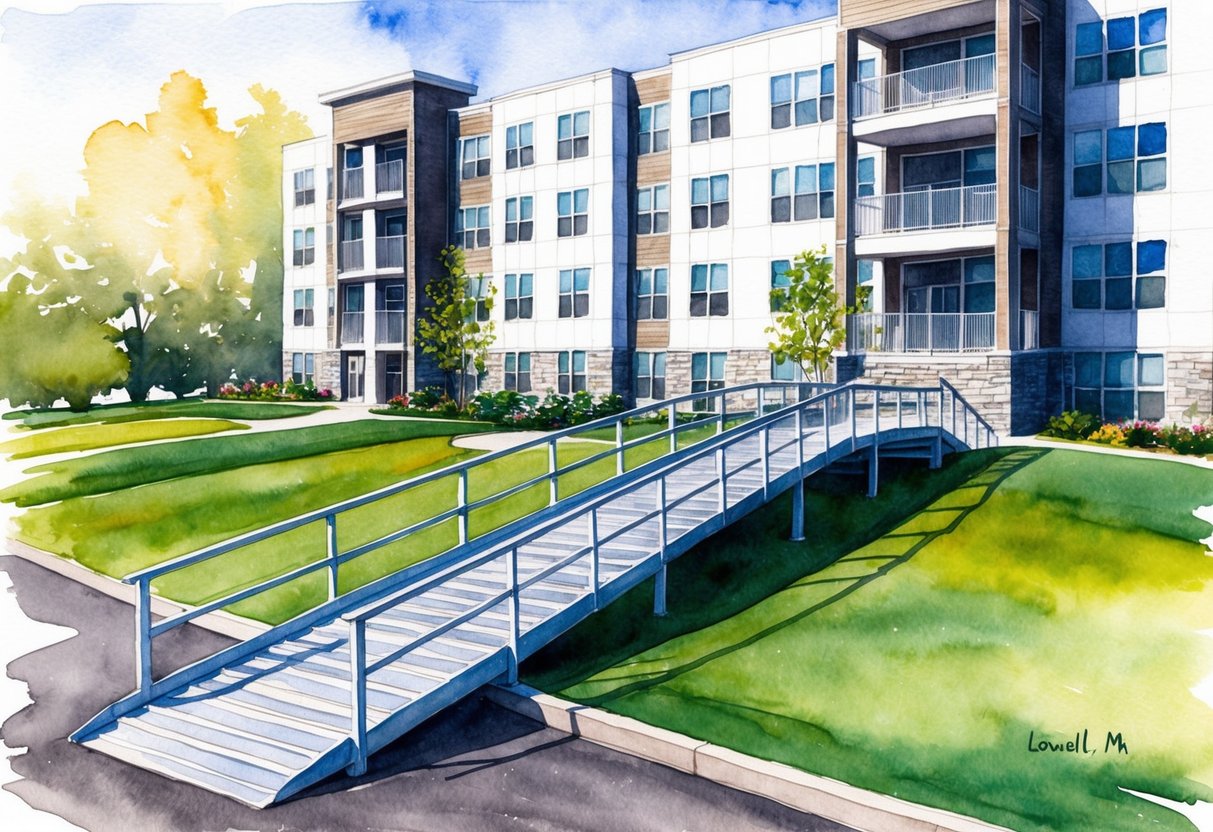 A wheelchair-accessible ramp leading to a modern apartment building in Lowell, MA