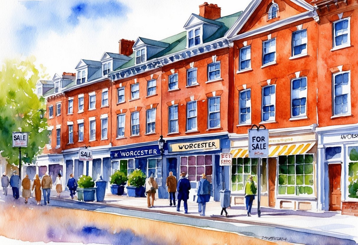 A row of historic brick buildings in Worcester, MA, with "For Sale" signs and bustling foot traffic