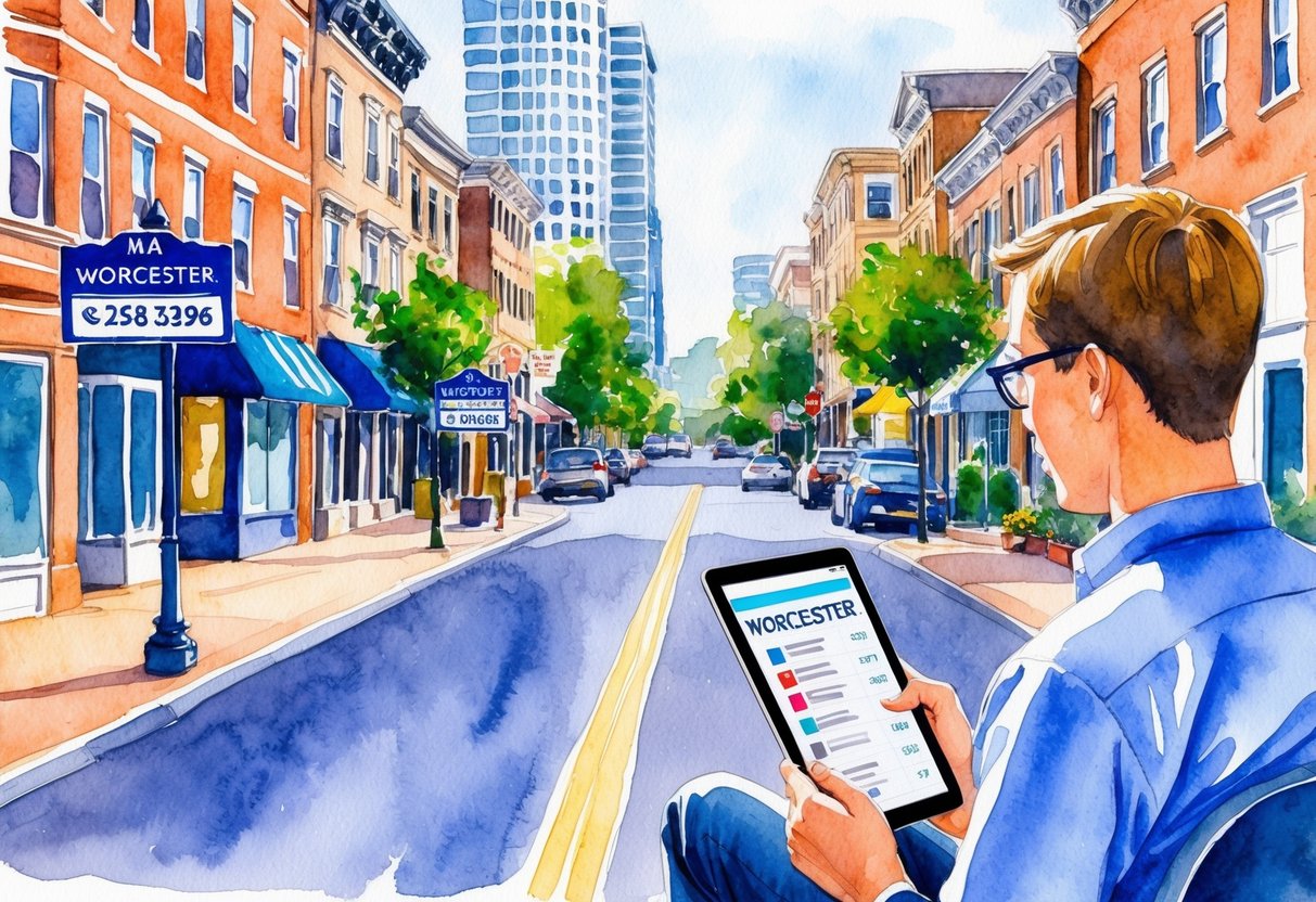 A bustling city street in Worcester, MA with real estate signs and buildings in the background, while a person calculates investment returns on a tablet