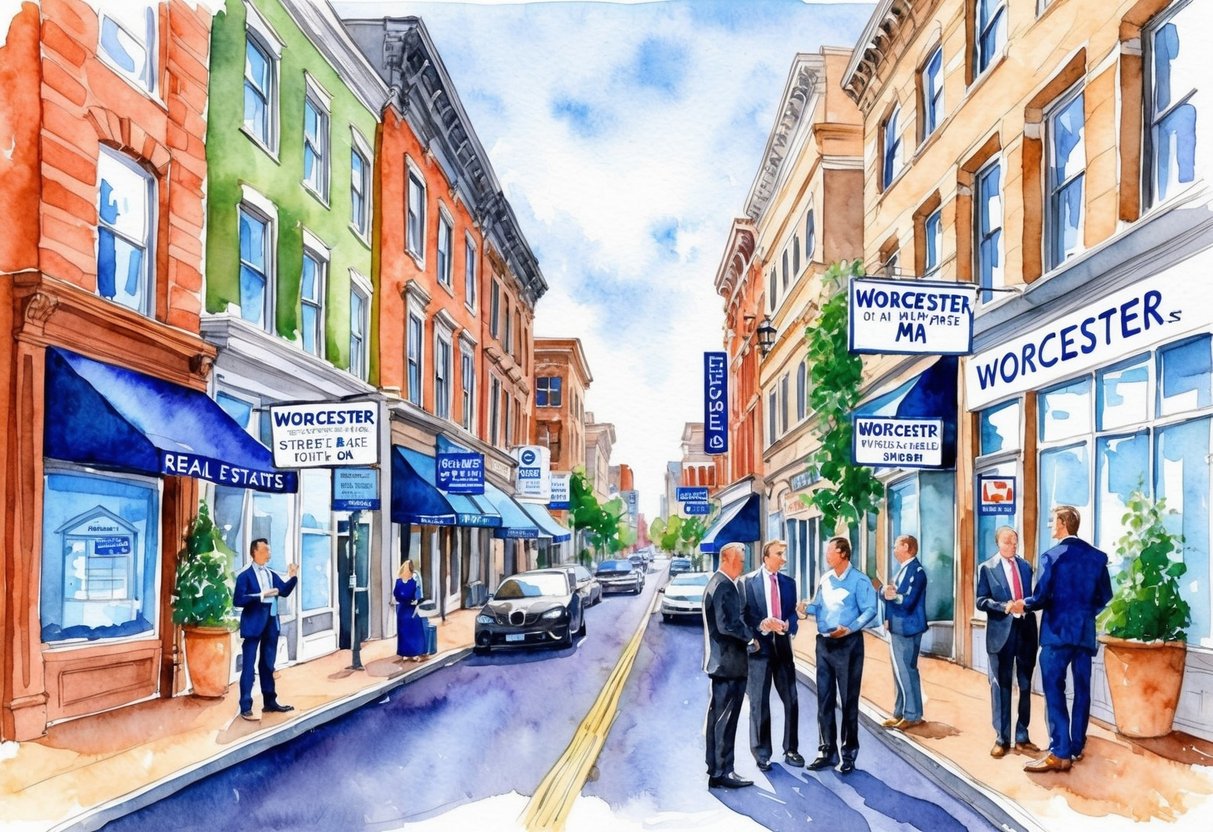 A bustling city street in Worcester, MA, with real estate offices, signs, and professionals networking and discussing investment opportunities
