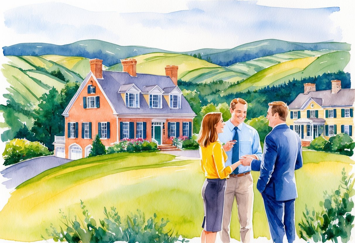 A real estate agent showing a couple a property in the scenic Berkshires, with rolling hills and charming New England architecture in the background