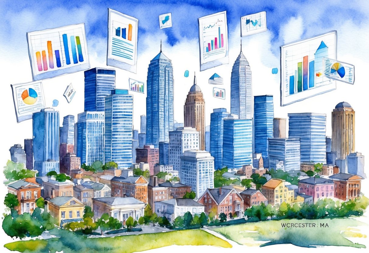 A bustling cityscape with skyscrapers, charts, and graphs floating in the air, surrounded by a vibrant and growing real estate market in Worcester, MA