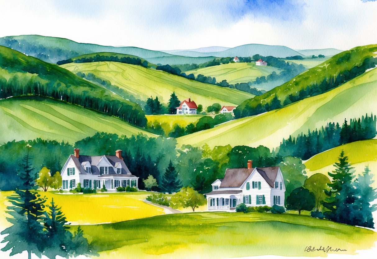 A picturesque landscape of rolling hills and lush green forests in the Berkshires, with charming homes and properties scattered throughout