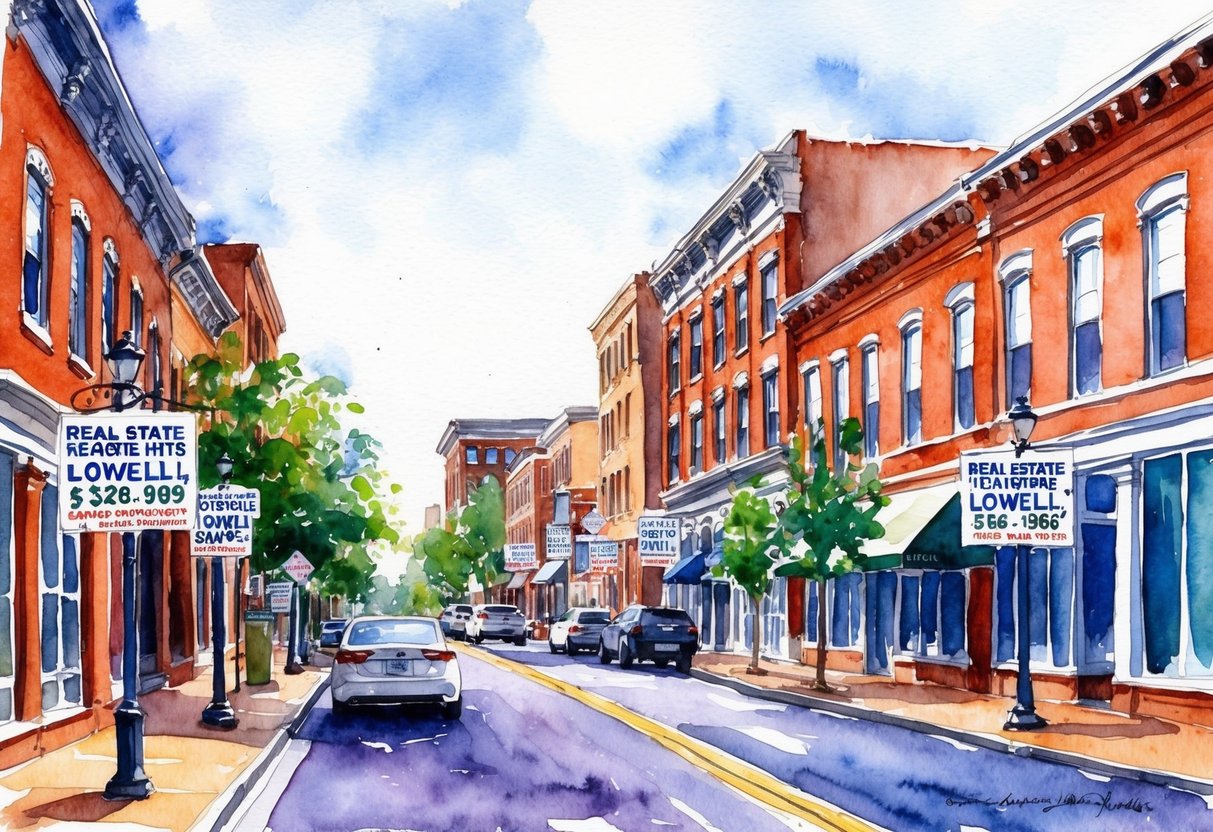 A bustling city street in Lowell, MA with rows of historic brick buildings and signs advertising real estate investment opportunities