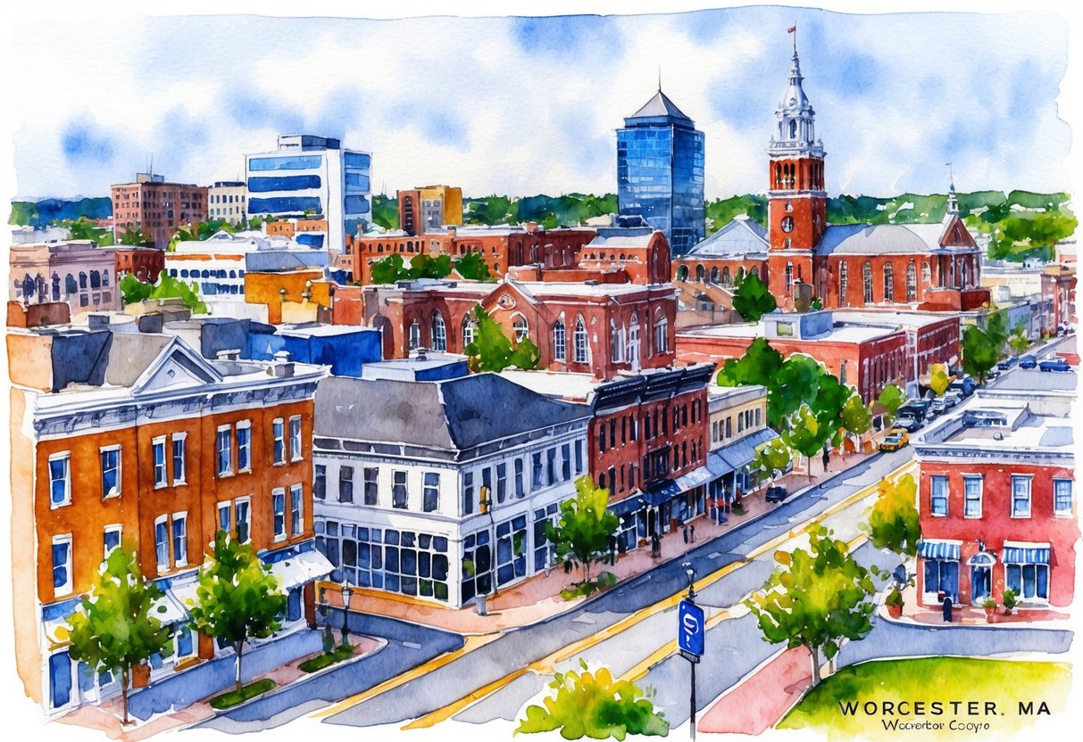 A vibrant cityscape of Worcester, MA with a mix of historic and modern buildings, bustling streets, and signs of growth and development