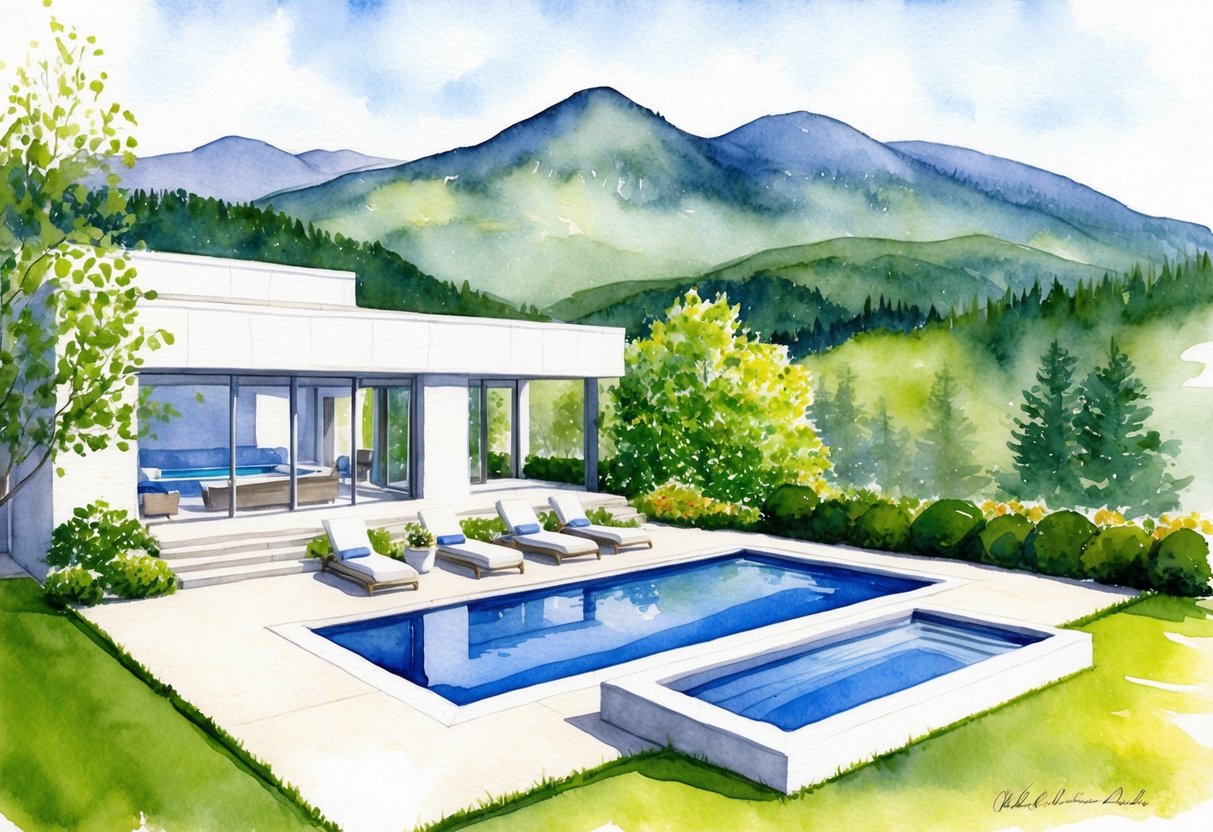 A picturesque view of the Berkshire mountains with a luxurious pool and spa, surrounded by lush greenery and modern architecture