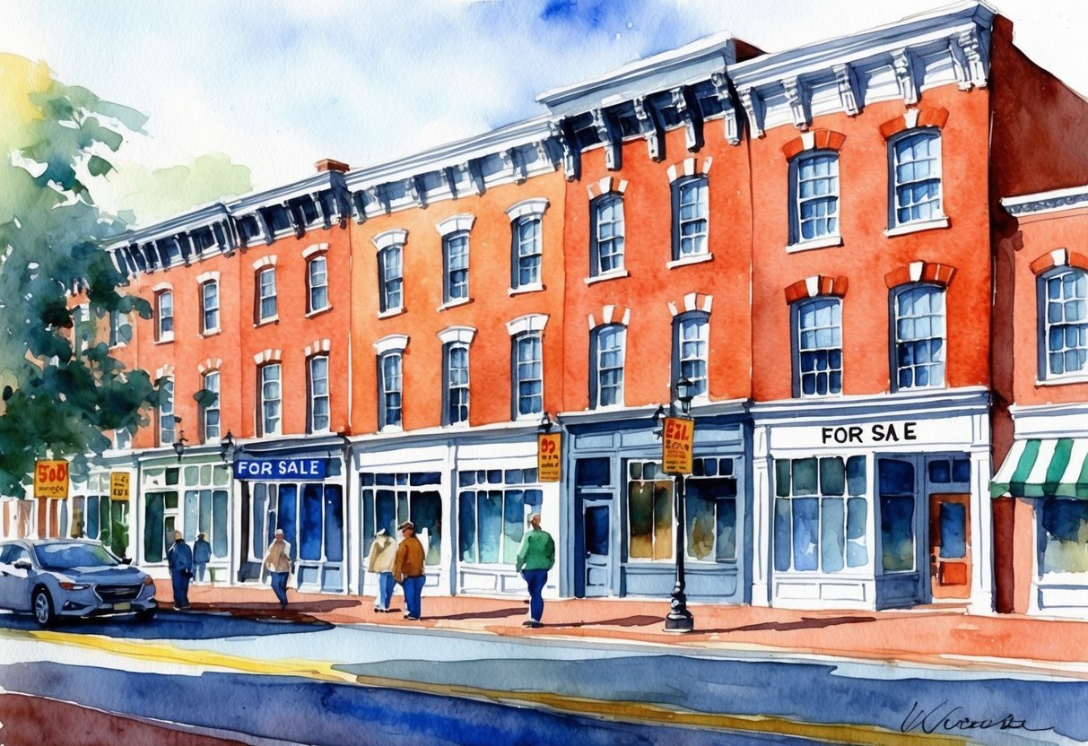 A row of historic brick buildings in downtown Worcester, MA with "For Sale" signs and bustling street activity