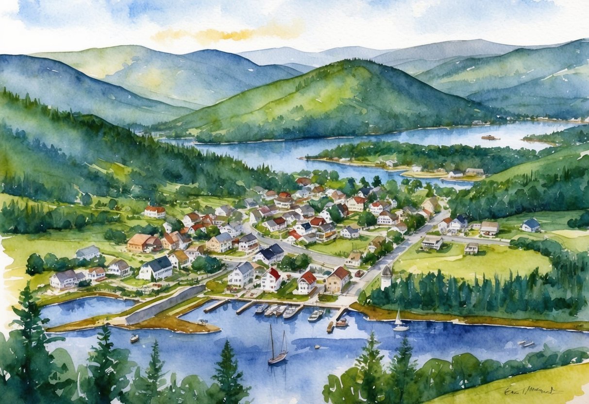 Aerial view of the Berkshire mountains with small towns, lakes, and forests