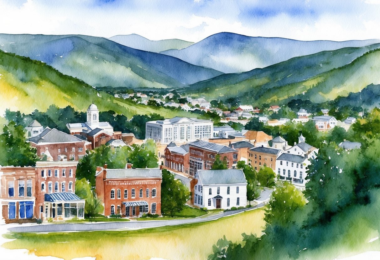 A scenic view of the Berkshire mountains with a charming New England town nestled in the valley. A mix of historic and modern buildings dot the landscape
