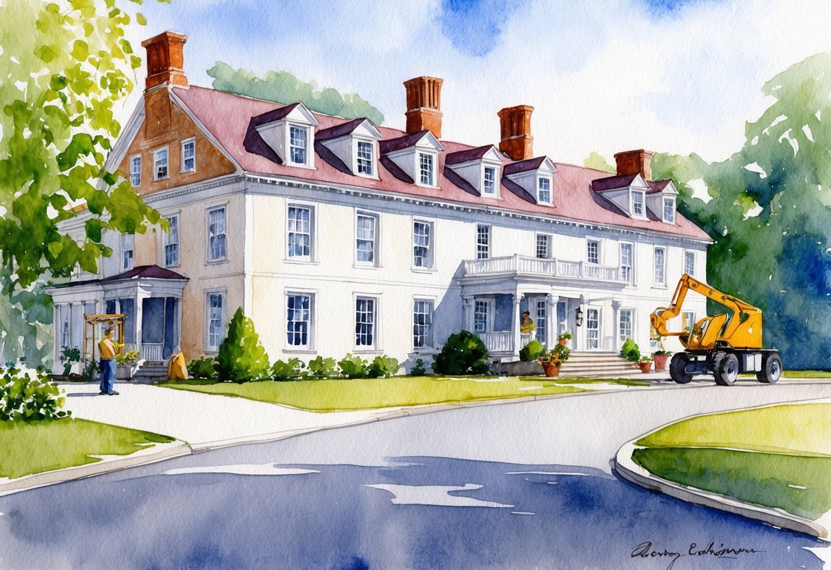 A historic Berkshire property undergoes renovations and value additions, with workers adding modern amenities and updating the exterior
