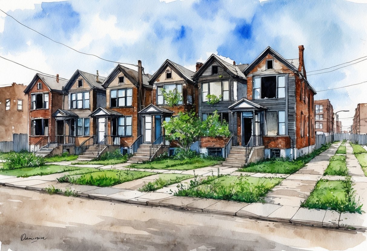 A row of abandoned houses in Detroit, MI, with broken windows and overgrown yards, surrounded by empty lots and neglected streets