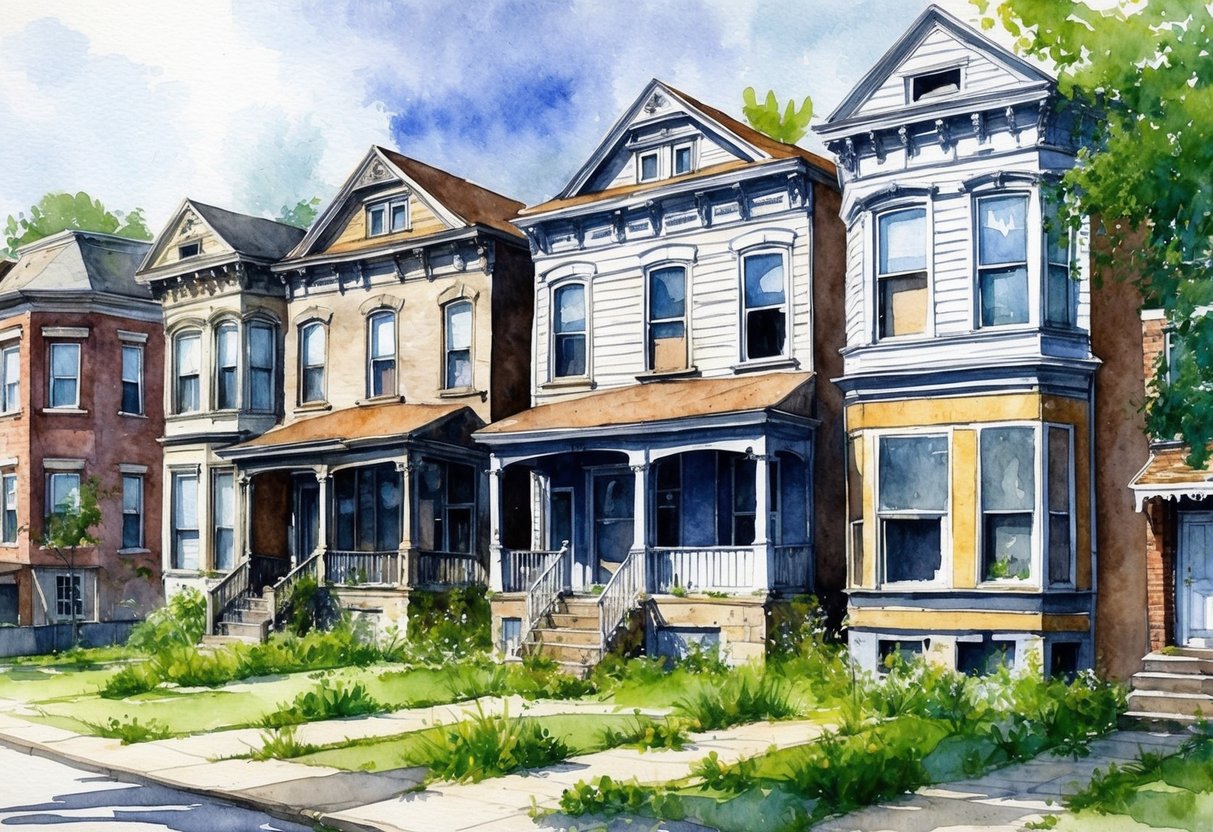 A row of abandoned houses in Detroit, Michigan, with overgrown yards and boarded-up windows, surrounded by a mix of neglected and renovated properties