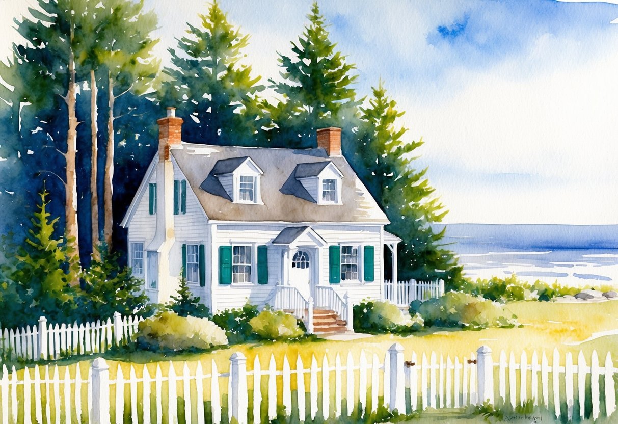 A quaint Cape Cod cottage nestled among pine trees, with a white picket fence and a view of the ocean in the distance