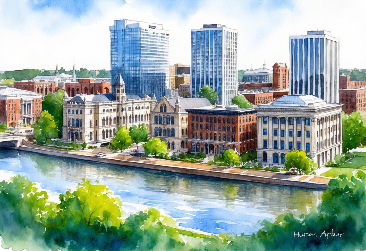 A bustling downtown Ann Arbor with historic buildings and modern high-rises, surrounded by lush greenery and the Huron River