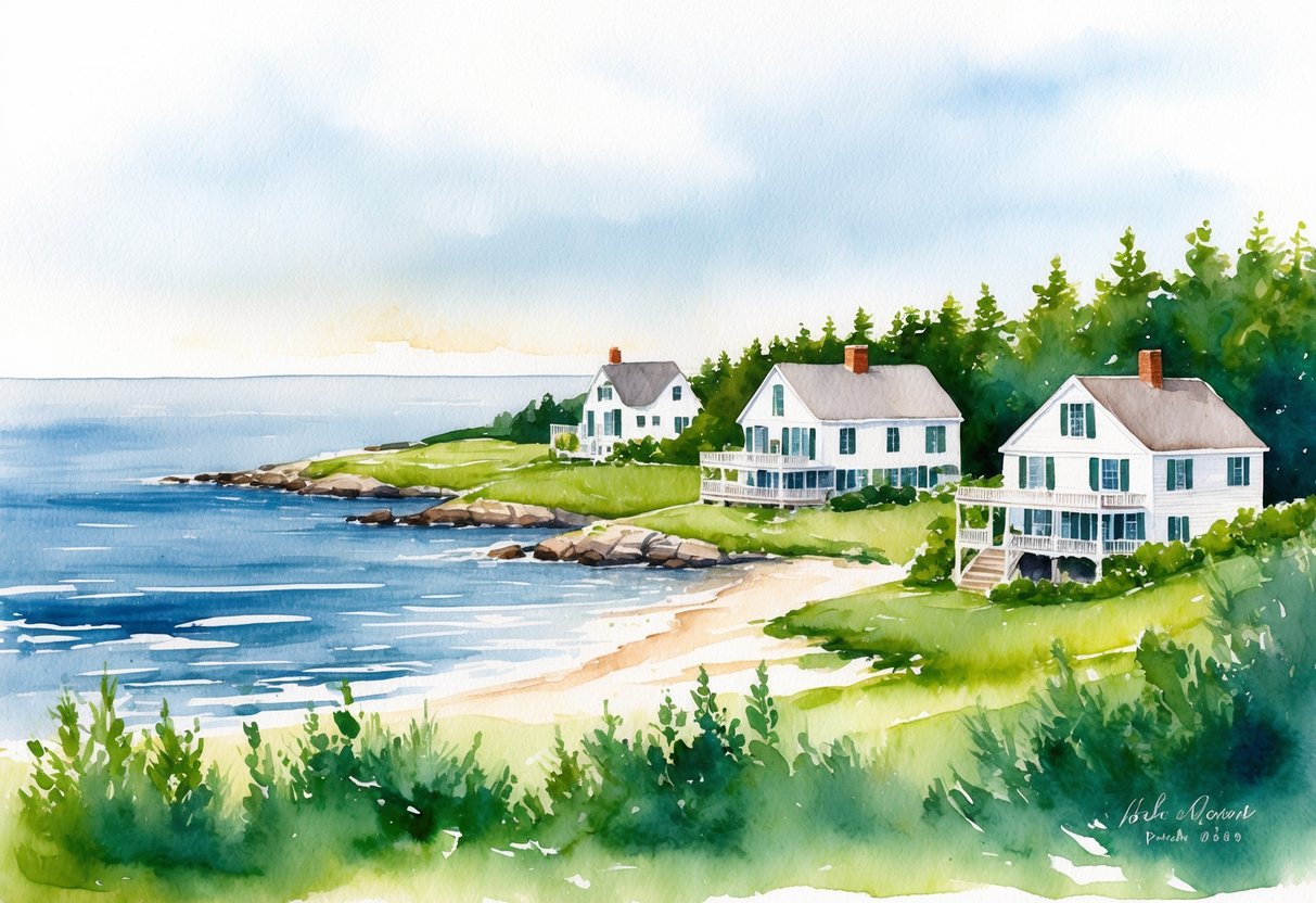 A serene Cape Cod landscape with quaint rental properties nestled among lush greenery and overlooking the tranquil waters of the Atlantic Ocean
