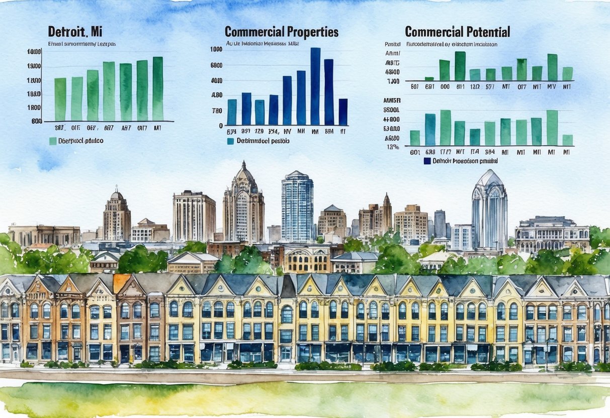 A cityscape of Detroit, MI with rows of residential and commercial properties, accompanied by charts and graphs indicating investment potential