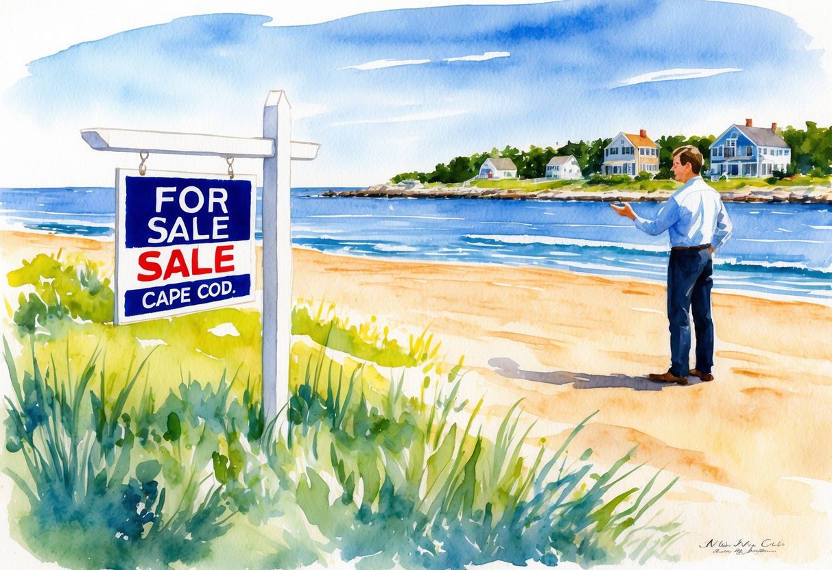 A sunny beachfront property in Cape Cod, MA, with a "For Sale" sign and a real estate agent showing the area to potential investors