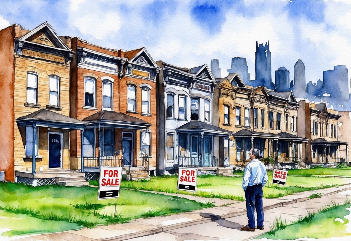 A row of abandoned houses in Detroit, MI with "For Sale" signs. A real estate investor looks over the properties with a city skyline in the background
