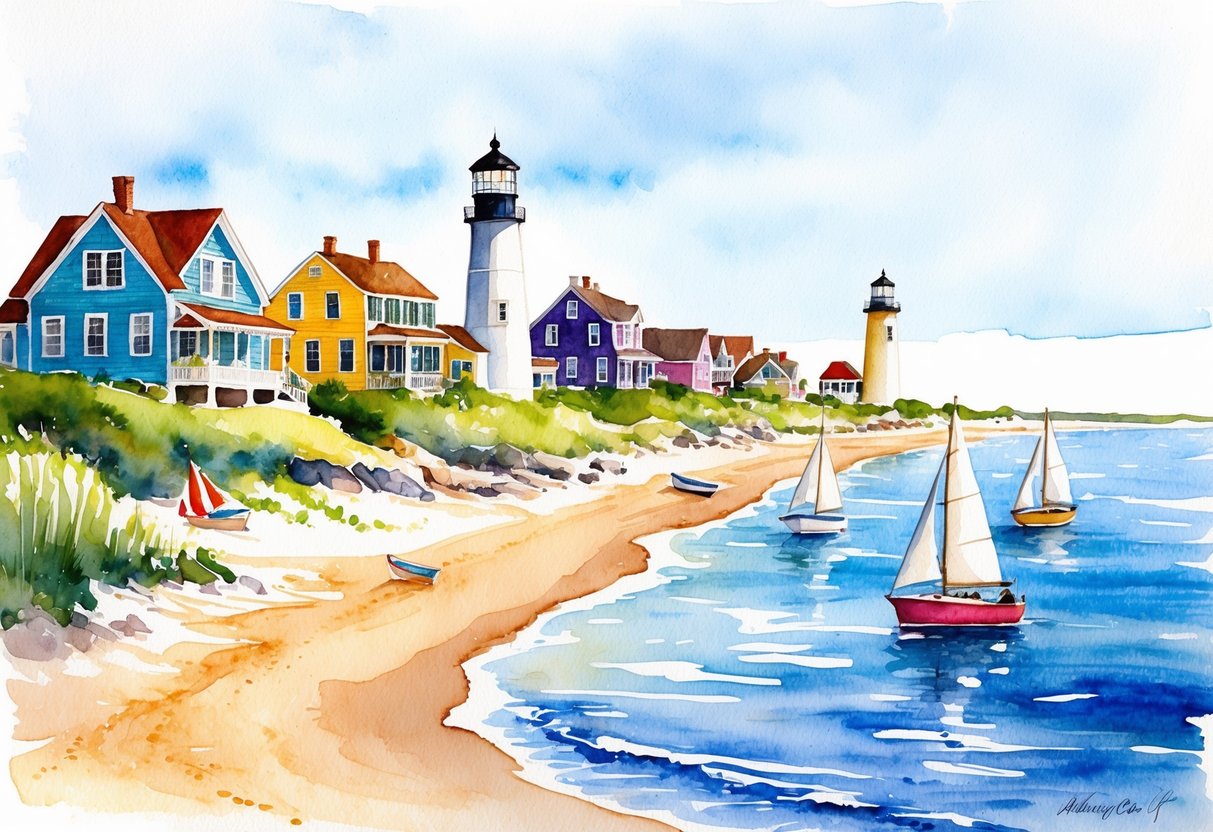 A serene beach with a lighthouse, sailboats, and colorful beach houses overlooking the ocean in Cape Cod, MA