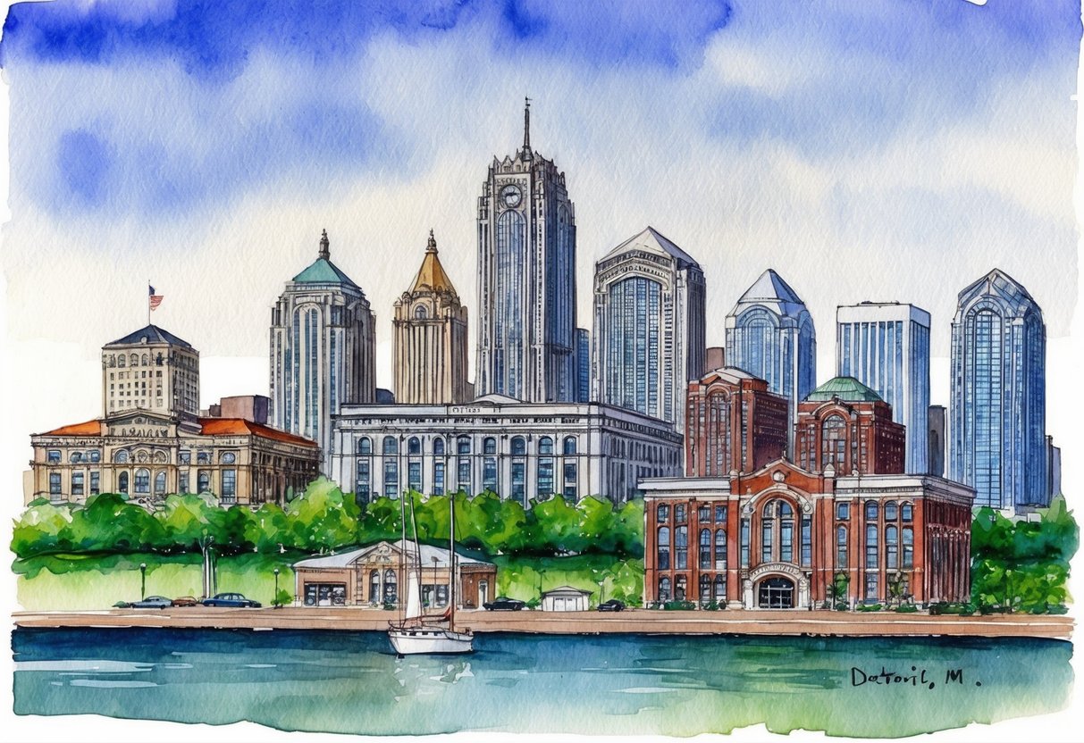 A city skyline with various real estate properties in Detroit, MI