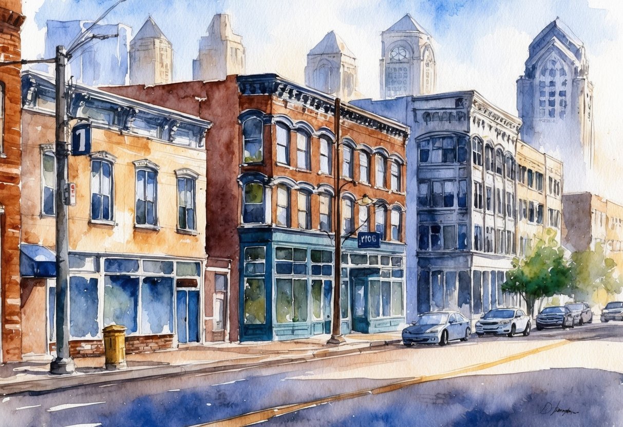 A bustling city street in Detroit, with a mix of renovated and dilapidated buildings, showcasing the potential for real estate investment