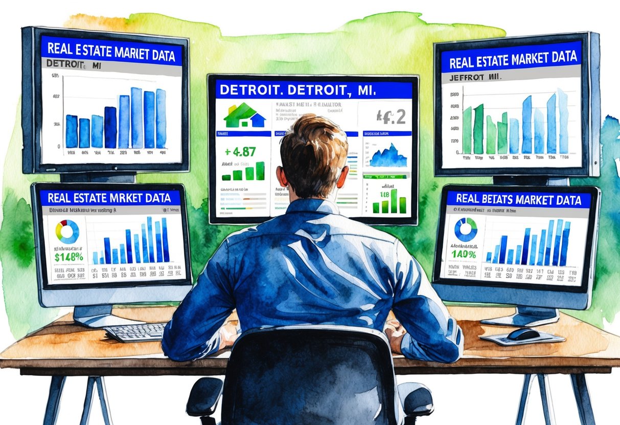 A person sitting at a desk, surrounded by screens displaying real estate market data for Detroit, MI. Graphs, charts, and numbers fill the screens, indicating active monitoring and analysis