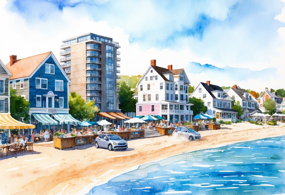 A sunny beachside view of Cape Cod, with modern high-rise buildings and traditional Cape Cod-style homes, surrounded by a bustling market and trendy cafes
