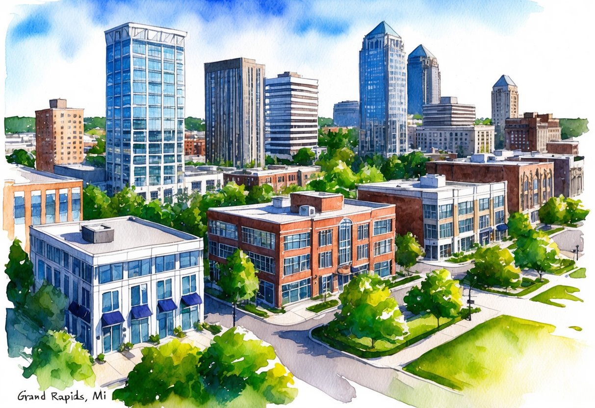 A vibrant cityscape with modern buildings and lush greenery, showcasing the bustling real estate market in Grand Rapids, MI
