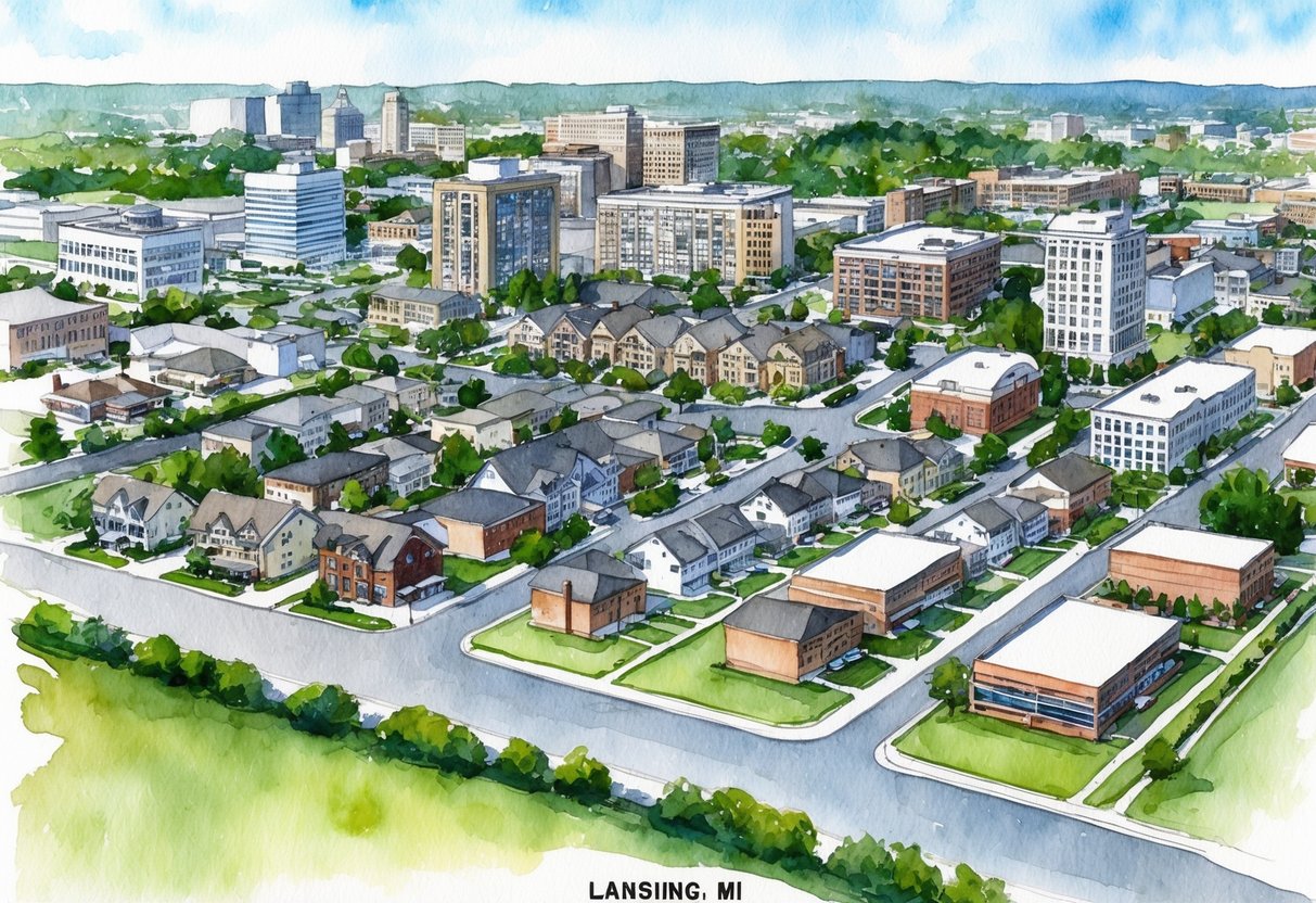 A bustling cityscape in Lansing, MI with various real estate properties, including residential homes, commercial buildings, and vacant land for potential investment
