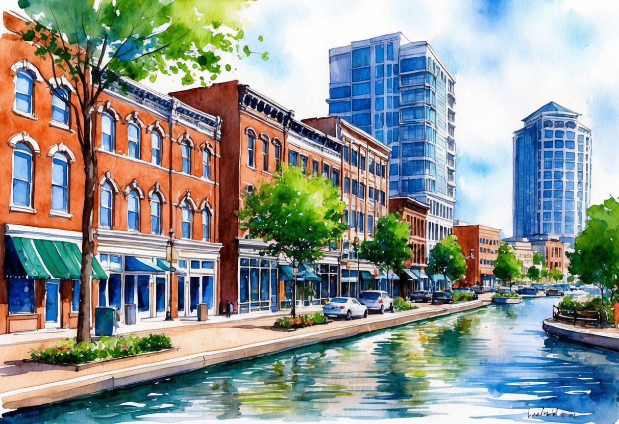 A bustling downtown street in Lansing, MI, lined with historic brick buildings and modern high-rises, surrounded by green parks and waterfront views