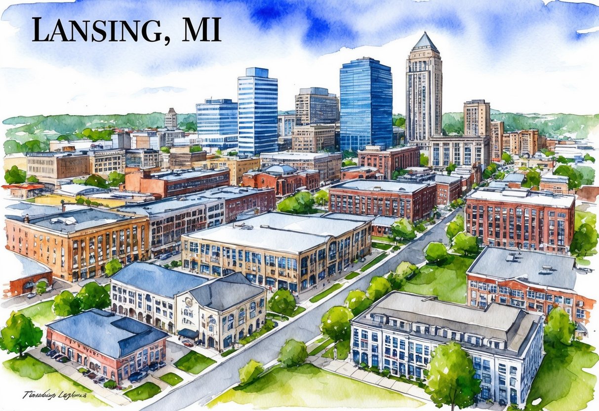 A bustling cityscape of Lansing, MI with various real estate properties and investment opportunities