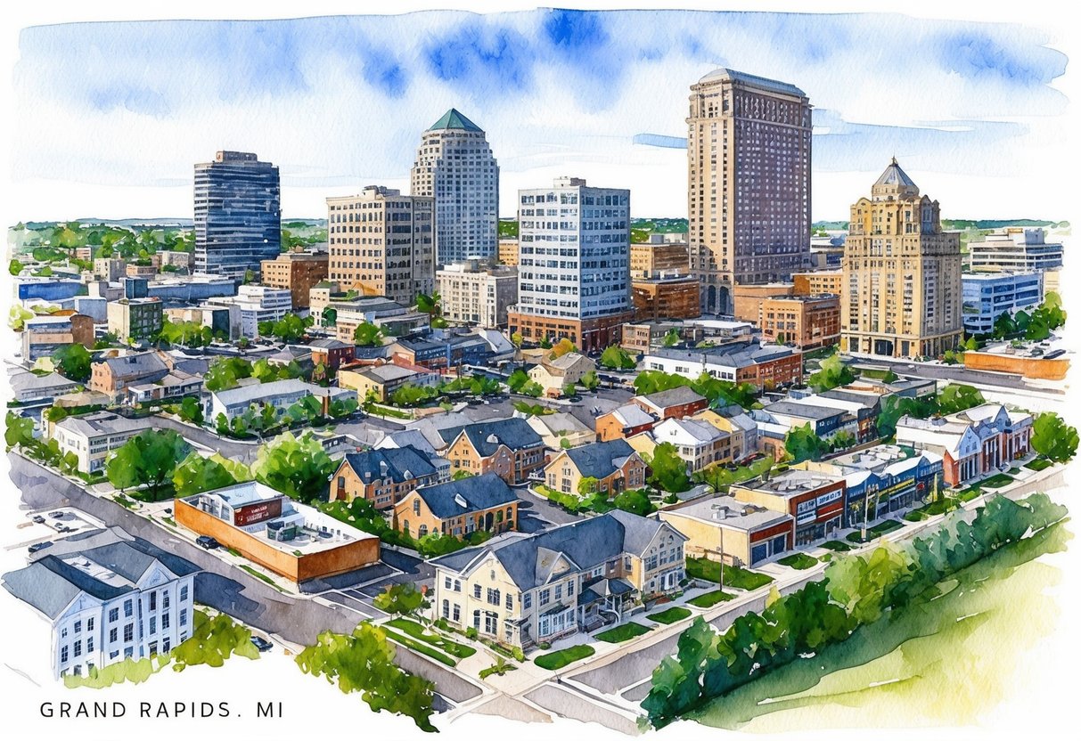 A bustling cityscape in Grand Rapids, MI, with various real estate properties such as residential homes, apartment buildings, and commercial spaces