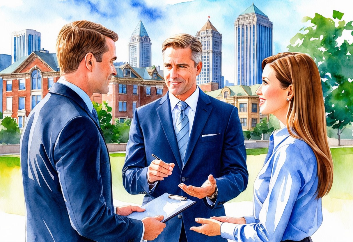 A professional real estate agent discussing investment opportunities with a client in Grand Rapids, MI