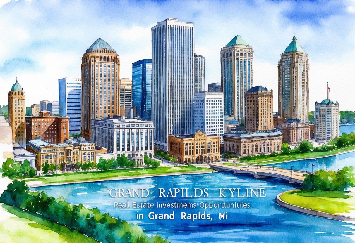 A bustling city skyline with a mix of modern high-rises and historic buildings, surrounded by lush greenery and bodies of water, showcasing the diverse real estate investment opportunities in Grand Rapids, MI