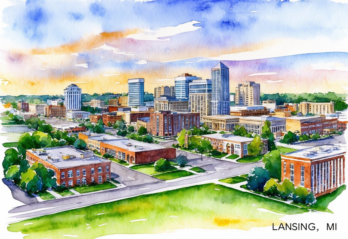 A cityscape of Lansing, MI with various real estate properties and legal documents