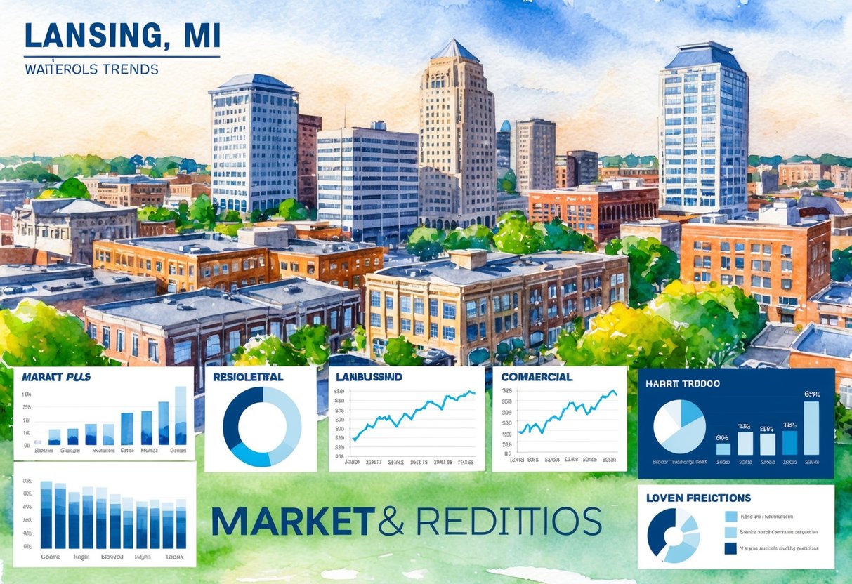 A bustling cityscape with tall buildings and a mix of residential and commercial properties in Lansing, MI. Charts and graphs showing market trends and predictions are displayed in the foreground